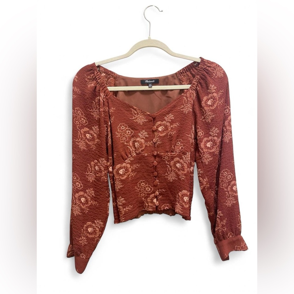 Madewell Rust Floral Button-Front Long Sleeve Top